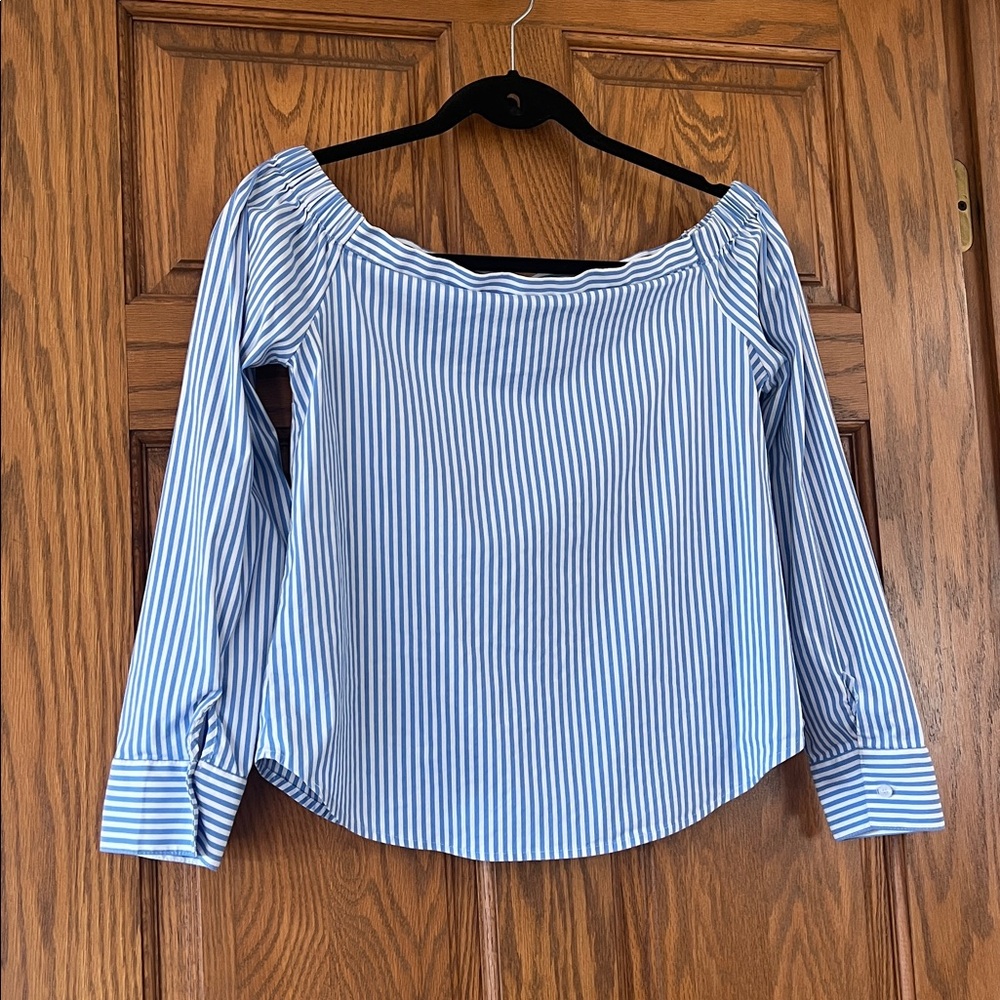 Express Off-Shoulder Blue Striped Button-Down Shirt Small Petit - Picture 2 of 5